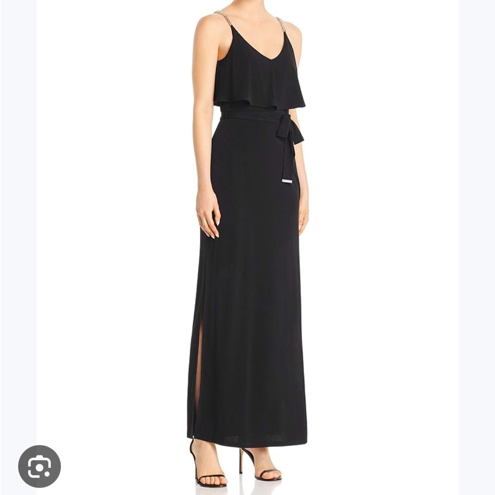 NWT Michael Kors Black Tiered Chain Strap Overlay Maxi Dress Size Small